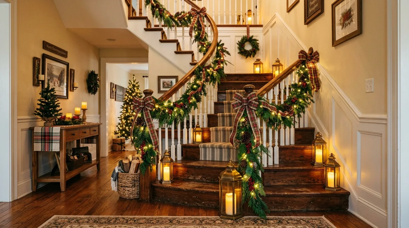 Use the staircase wall or landing to support the display inspiration for a Christmas staircase.